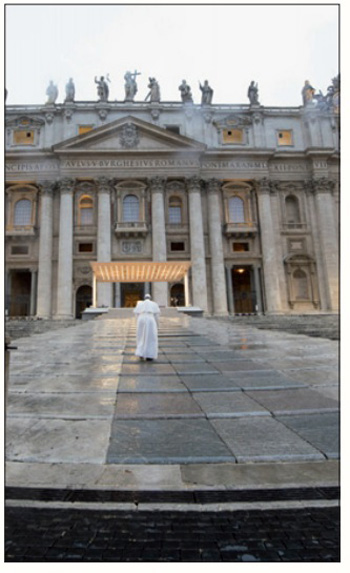 Pope Francis walking alone on March 27